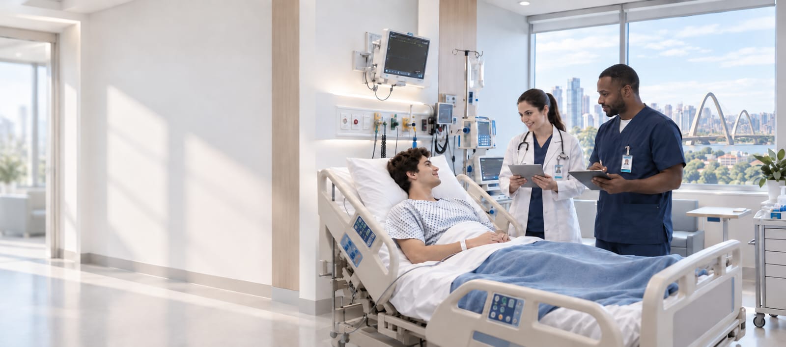 Paciente em leito hospitalar acompanhado por médica e enfermeiro em ambiente claro